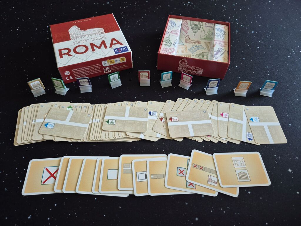 Das Spielmaterial von "City Flip Roma".