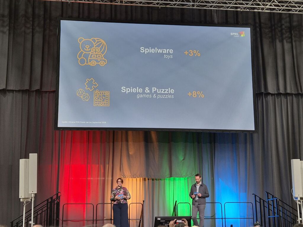 Präsentation auf großem Bildschirm mit Text und Zahlen.