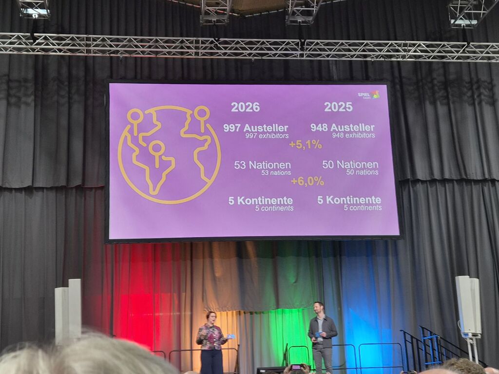 Präsentation auf großem Bildschirm mit Text und Zahlen.