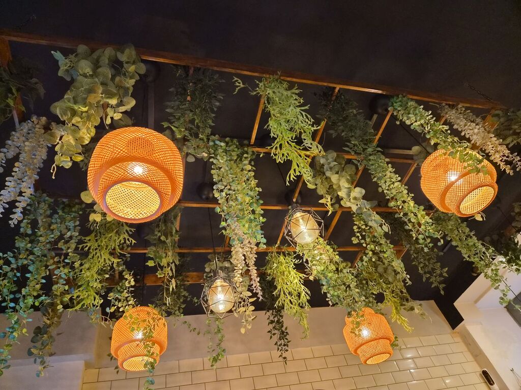 Lampen und Grünzeug an Decke.