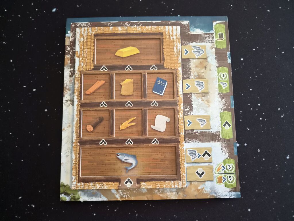 Spielertableau mit Feldern und Symbolen.